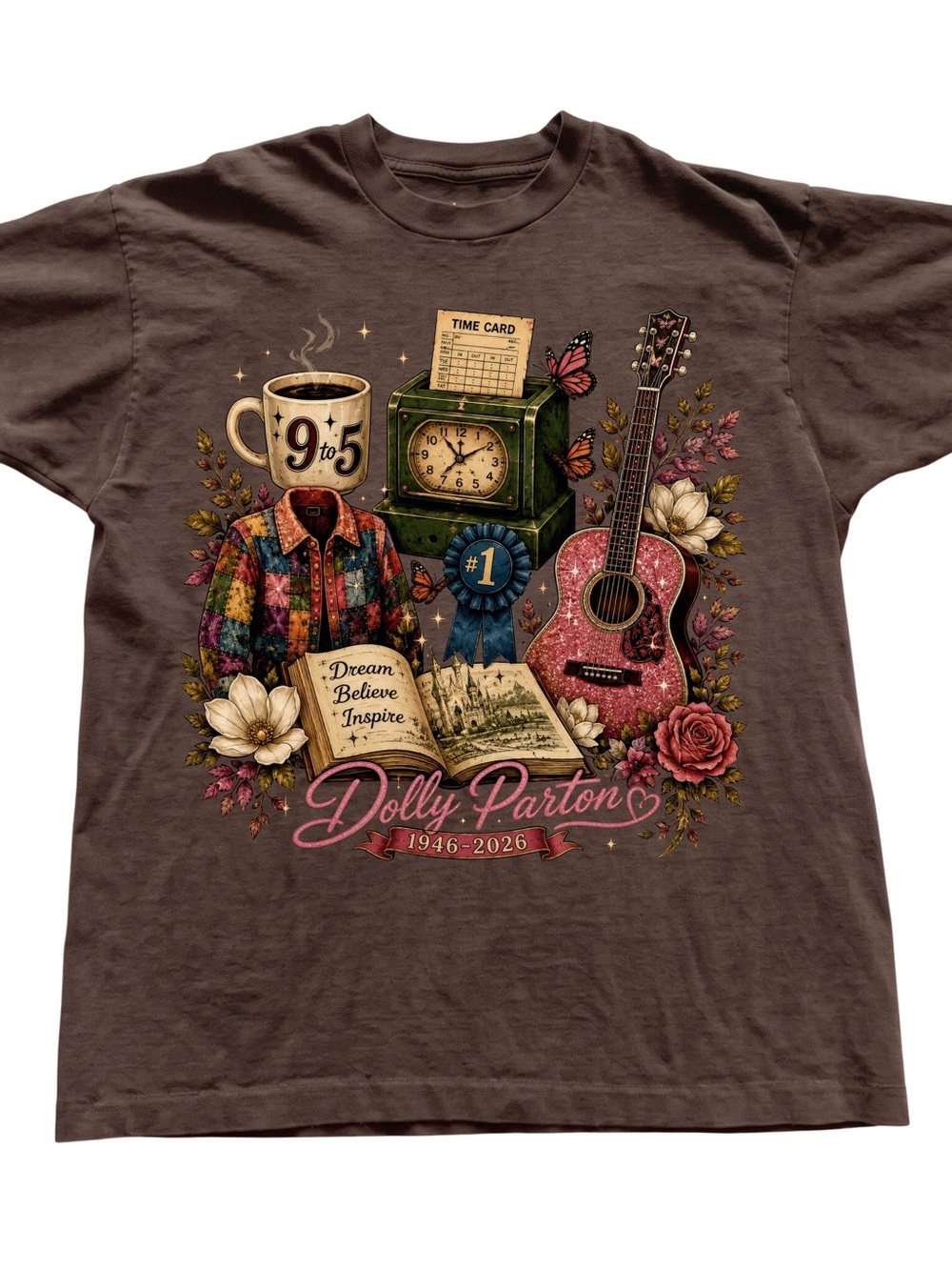Gildan Brown Dolly Parton Tribute Tee with Pink Guitar Graphic
